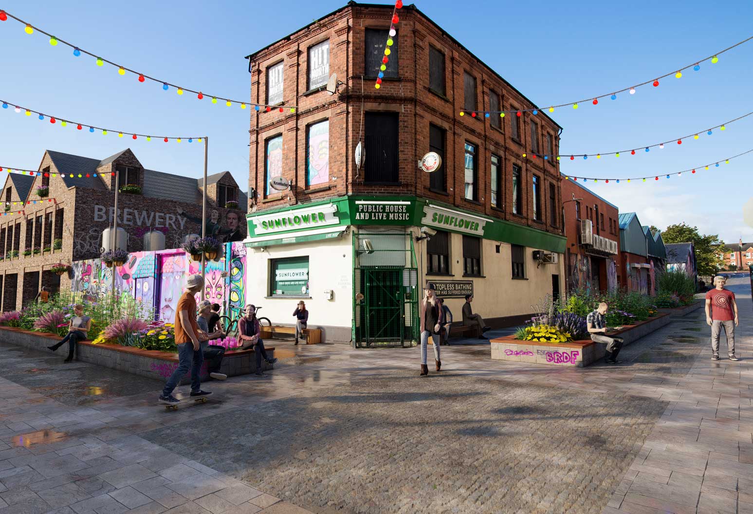 Image of the proposed Union Street public realm scheme, outside the Sunflower Pub in Belfast